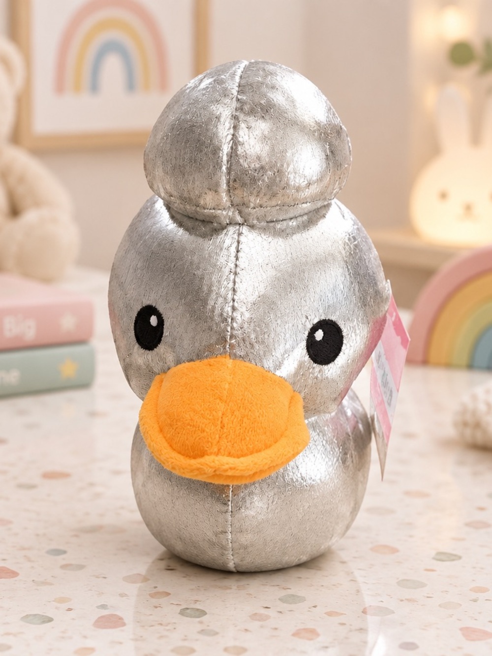 Silver Plush Duck Toy with Orange Beak - Soft Bird Plush Hersheys Kisses